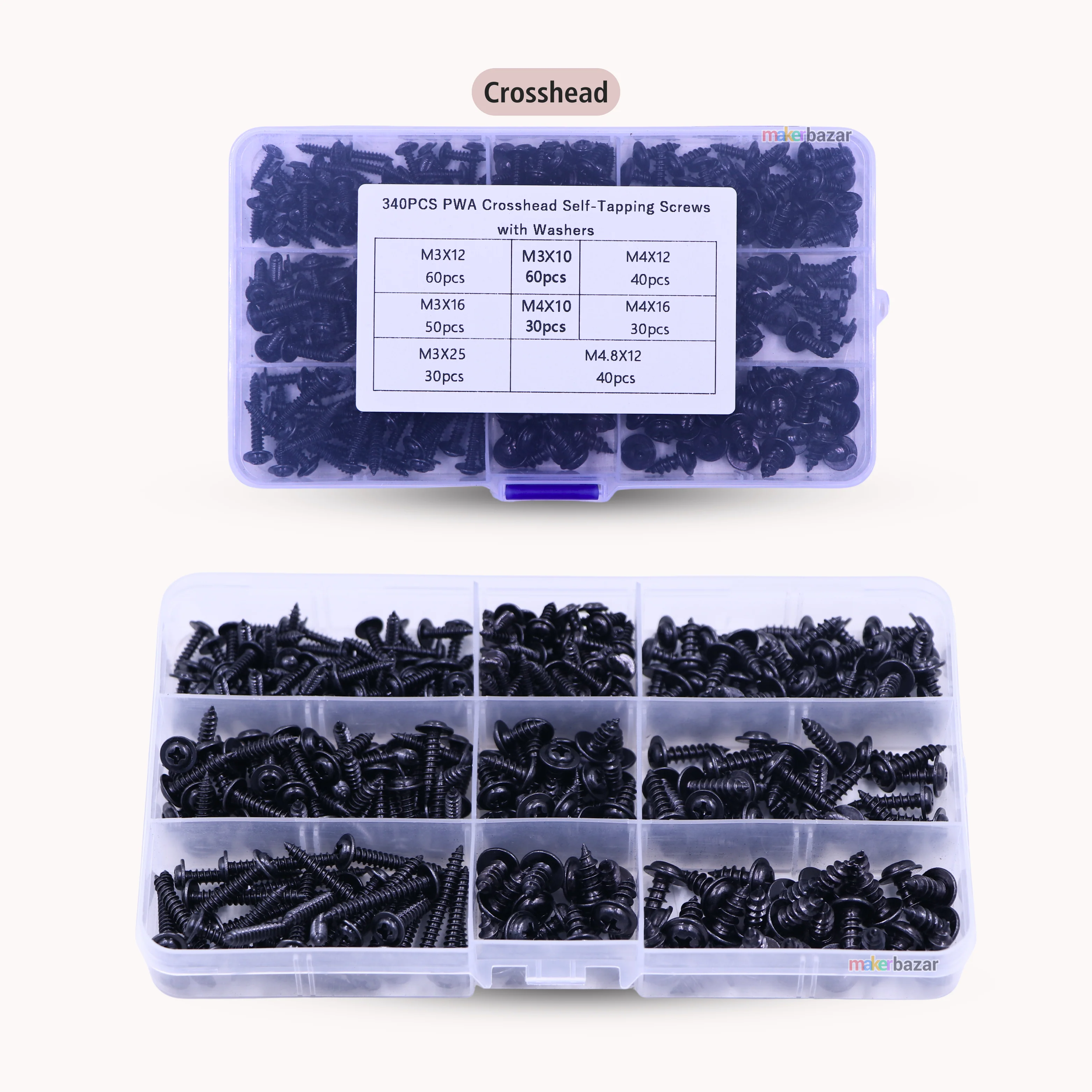 340pcs PWA Crosshead Self-Tapping Screws Kit with Washers - Image 2