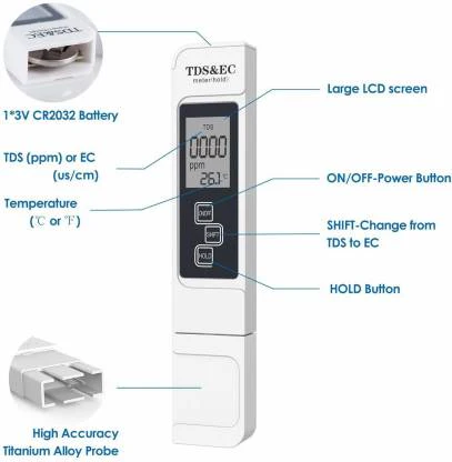 Digital Water TDS EC and Temperature (3 in 1) Meter, Purity Tester, ATC Function, 1ppm Resolution, 0-9990 ppm - Image 3