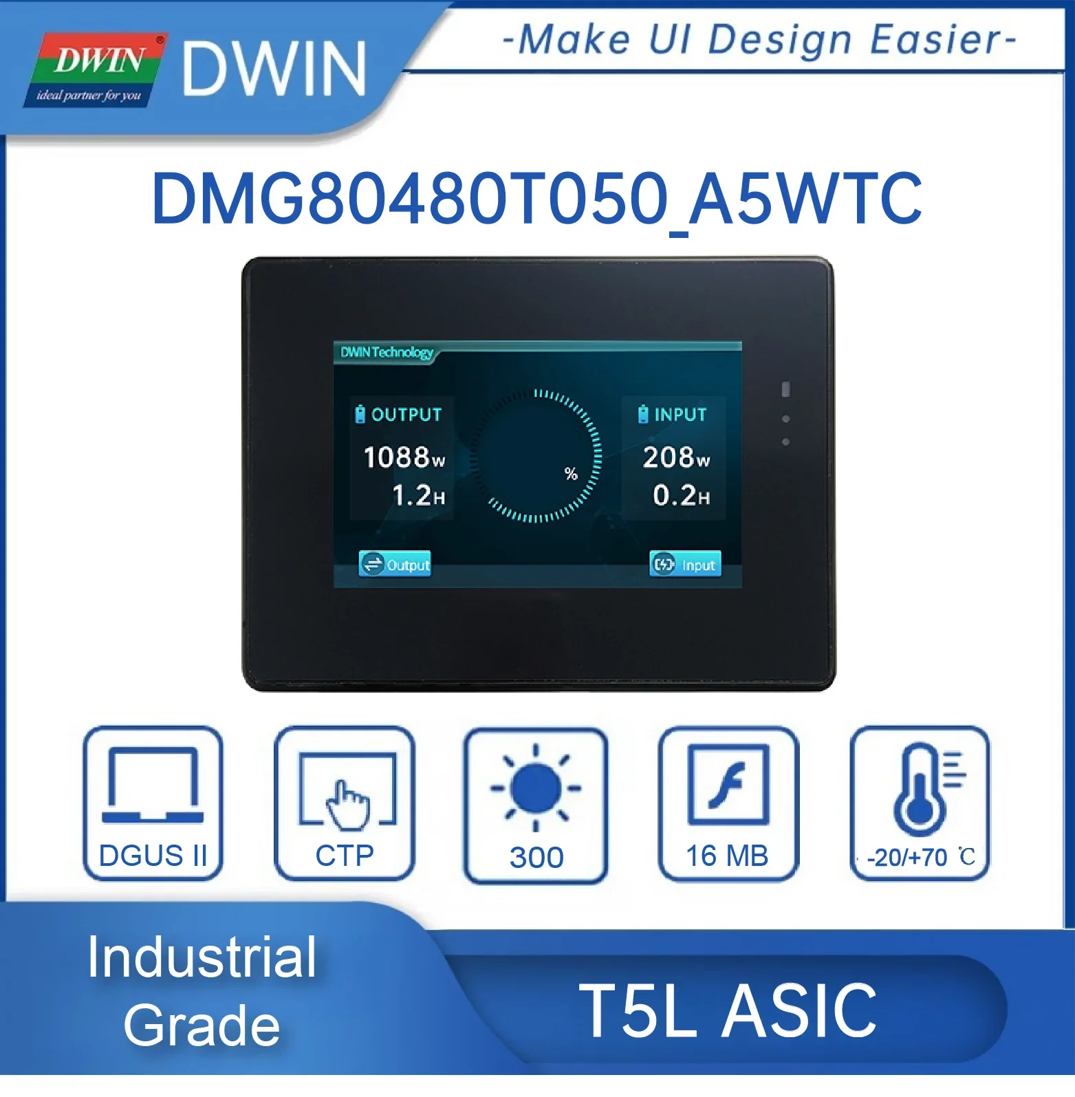 DWIN: DMG80480T050_A5W 5inch 800x480 Industrial IPS UART RS232/RS485 LCD Display With Shell - Image 2