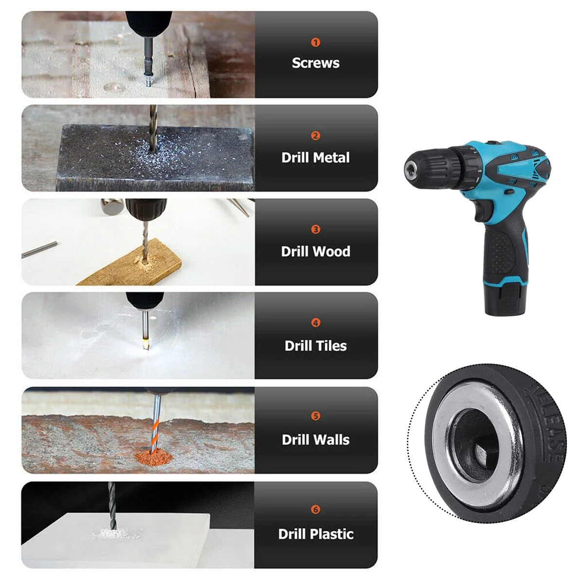 Generic: 12V Cordless Drill Machine Kit 10mm Keyless Chuck with Batteries & Two Speed Control - Image 3
