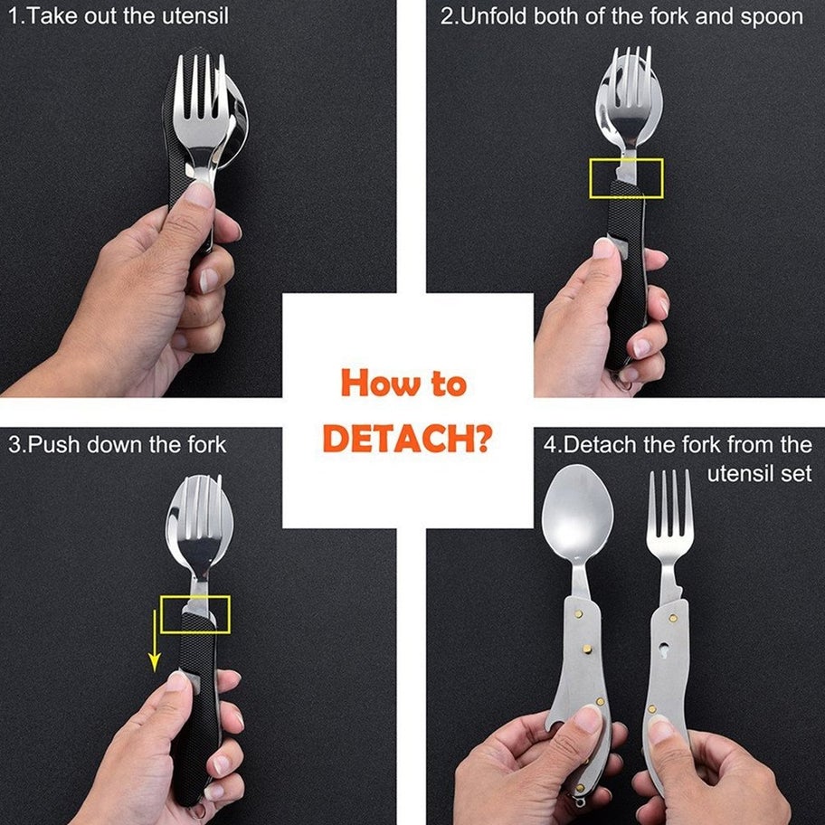 Travel Camping 4-in-1 Stainless Steel Folding Multi Swiss Cutlery Set Spoon Fork Knife Set - Image 7